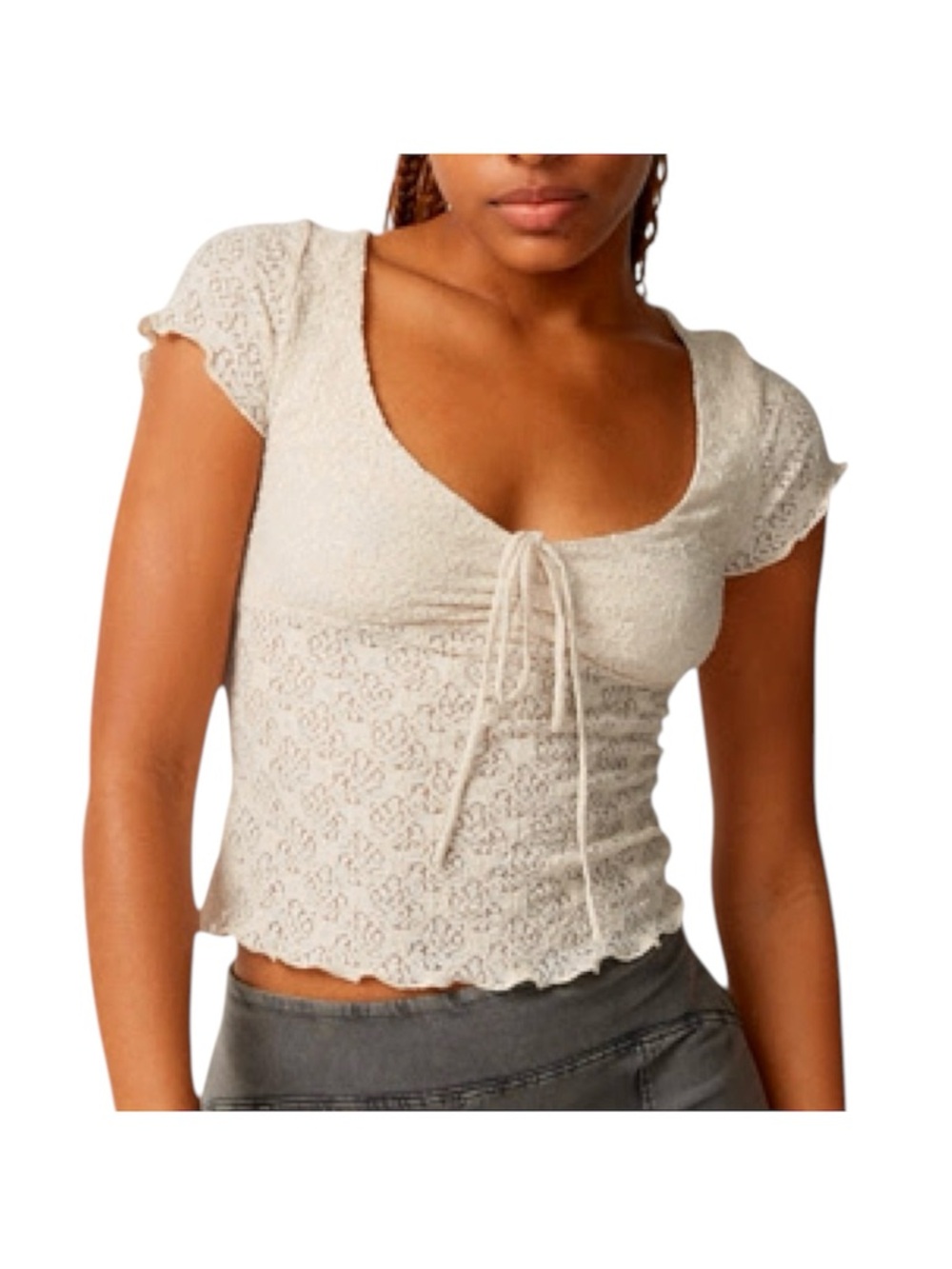 Women's Cream Lace Tie-Front Scoop Neck Top